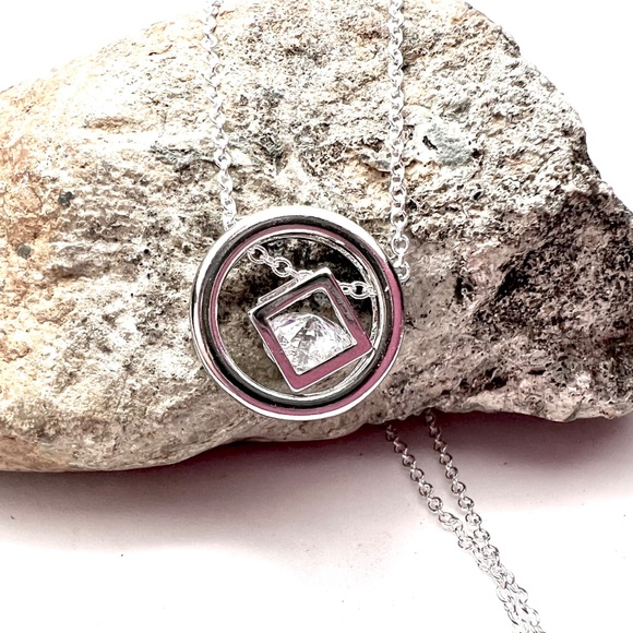 Circle Square Cage Cubic Zirconia Pendant Sterling Silver 925 , Platinum Plated - Picture 10 of 10